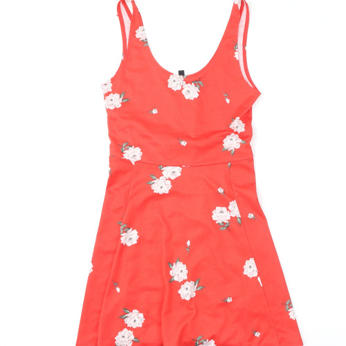 Divided by H&M Womens Red Floral Polyester Skater Dress Size 12 Scoop Neck Pullover