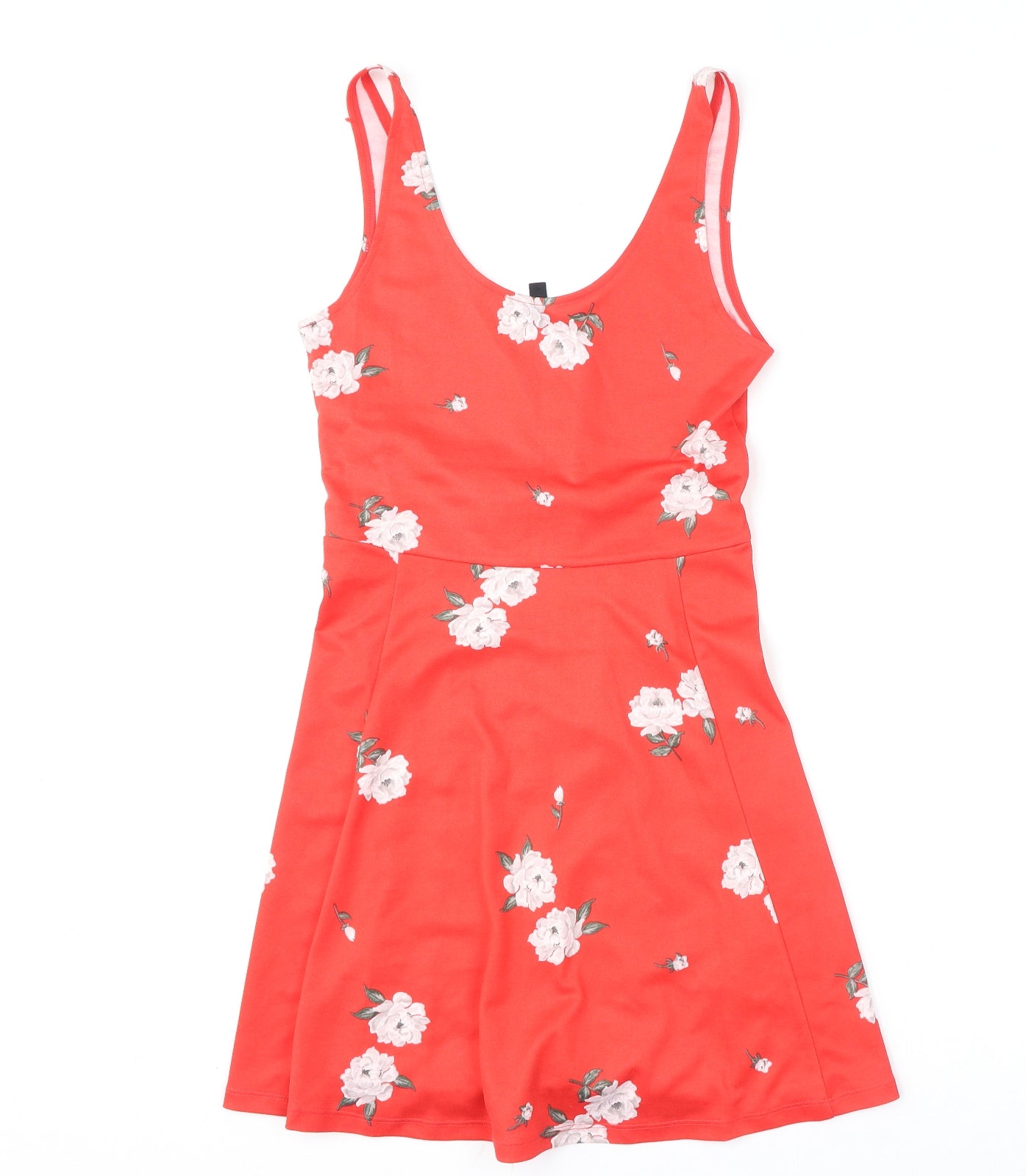 Divided by H&M Womens Red Floral Polyester Skater Dress Size 12 Scoop Neck Pullover