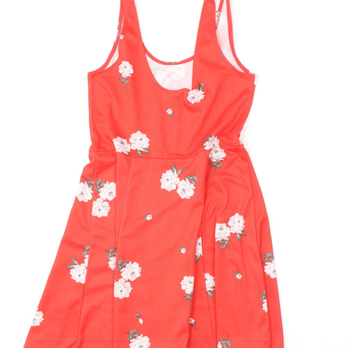 Divided by H&M Womens Red Floral Polyester Skater Dress Size 12 Scoop Neck Pullover