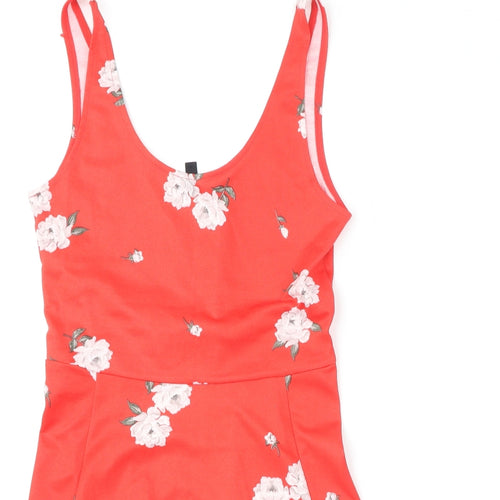 Divided by H&M Womens Red Floral Polyester Skater Dress Size 12 Scoop Neck Pullover