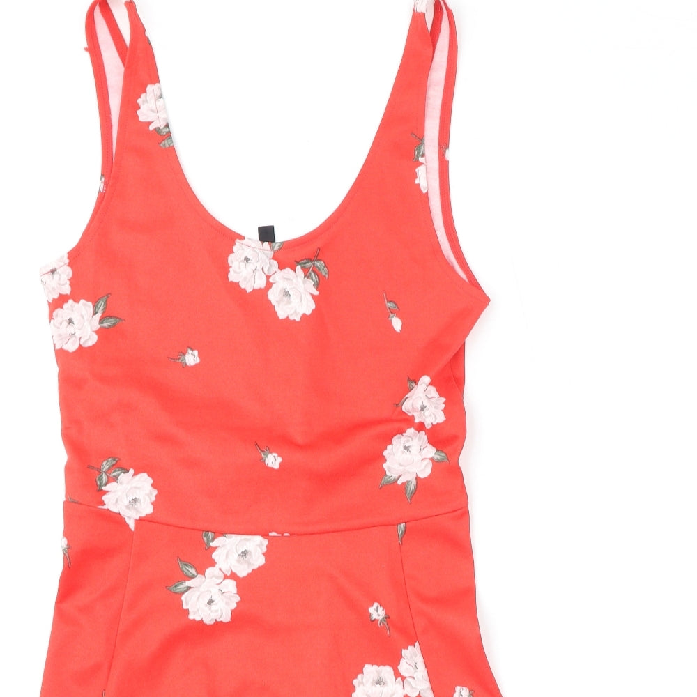 Divided by H&M Womens Red Floral Polyester Skater Dress Size 12 Scoop Neck Pullover