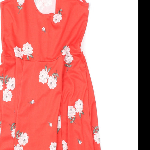 Divided by H&M Womens Red Floral Polyester Skater Dress Size 12 Scoop Neck Pullover