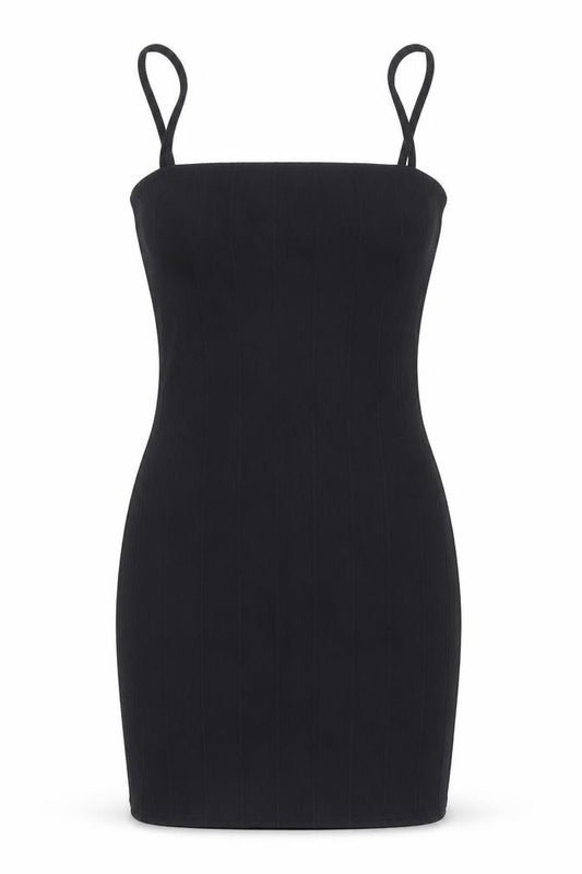 Front view of PRETTYLITTLETHING women’s black polyester bodycon, size UK 8, square neck pullover