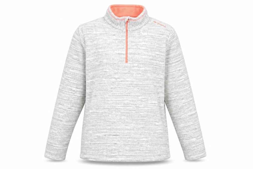 Front view of Decathlon girls’ grey polyester pullover sweatshirt, size M, zip