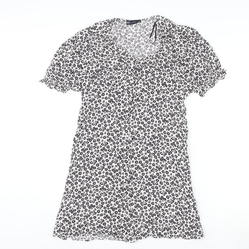 Marks and Spencer Womens White Geometric Viscose A-Line Size 12 V-Neck Button - Flowers