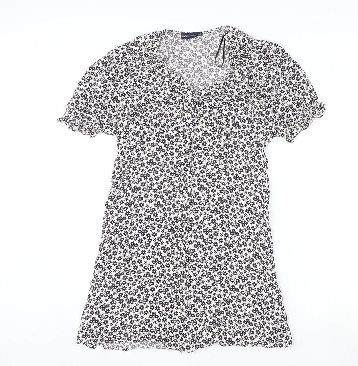 Marks and Spencer Womens White Geometric Viscose A-Line Size 12 V-Neck Button - Flowers