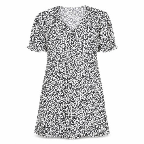 Marks and Spencer Womens White Geometric Viscose A-Line Size 12 V-Neck Button - Flowers