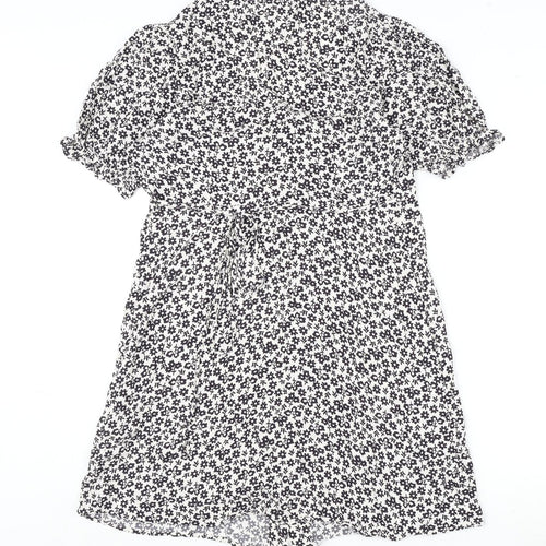 Marks and Spencer Womens White Geometric Viscose A-Line Size 12 V-Neck Button - Flowers