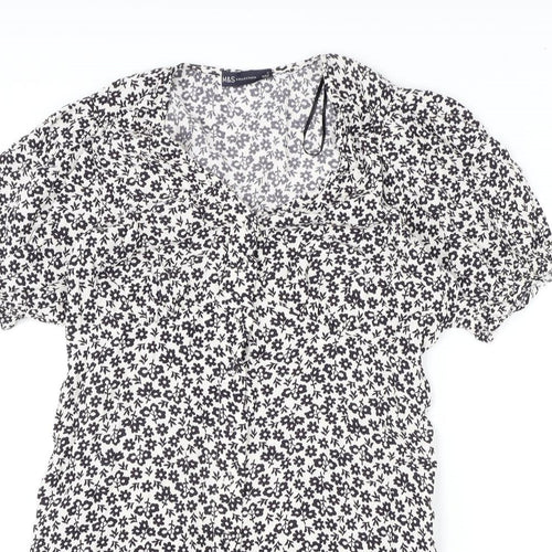 Marks and Spencer Womens White Geometric Viscose A-Line Size 12 V-Neck Button - Flowers