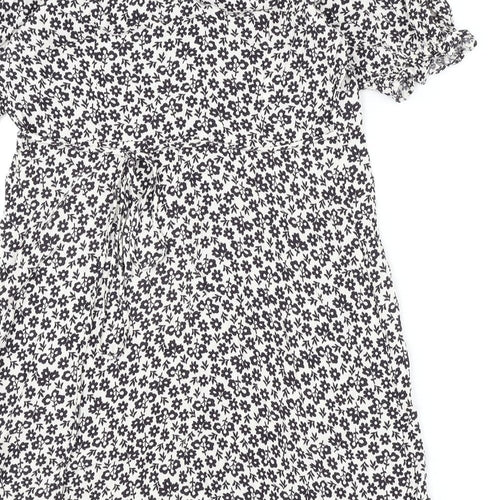 Marks and Spencer Womens White Geometric Viscose A-Line Size 12 V-Neck Button - Flowers