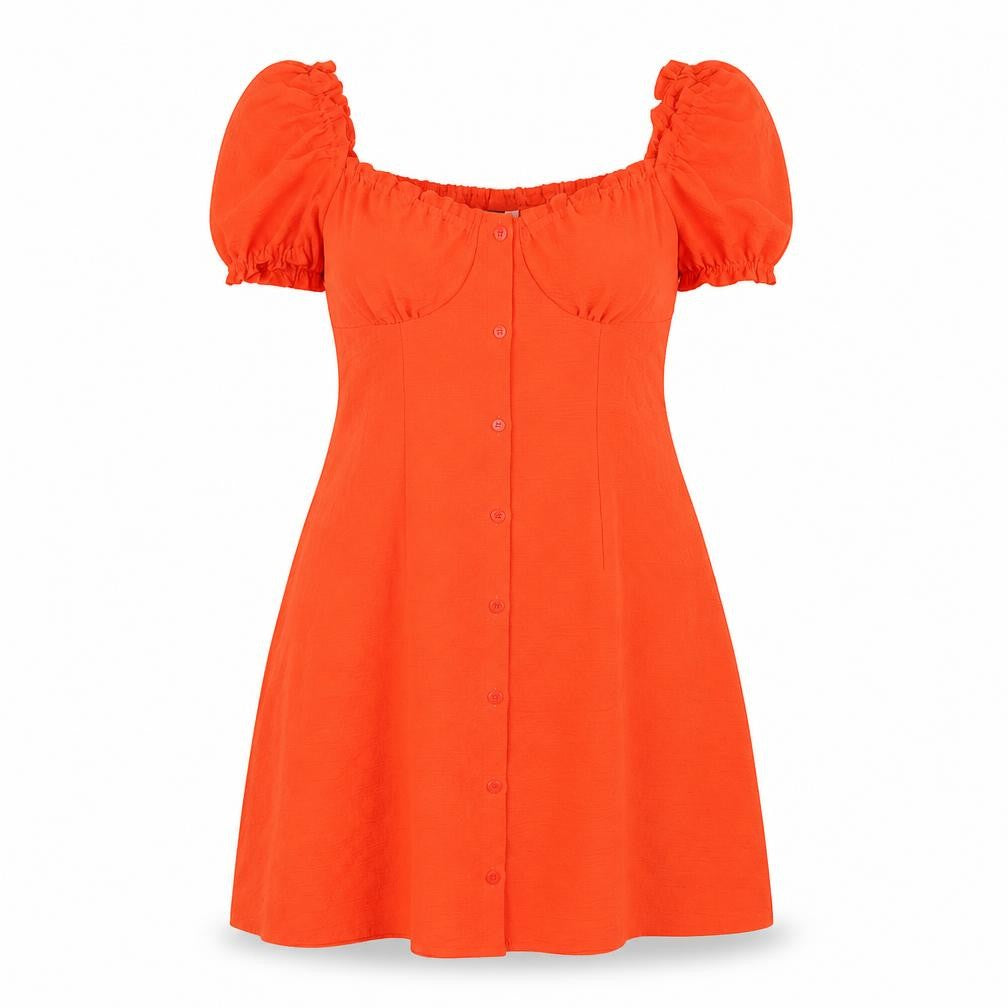 Front view of Divided by H&M women’s orange polyester a-line, size UK 12, off the shoulder button