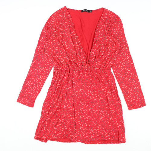 Boohoo Womens Red Geometric Polyester A-Line Size 14 V-Neck Pullover - Star Print