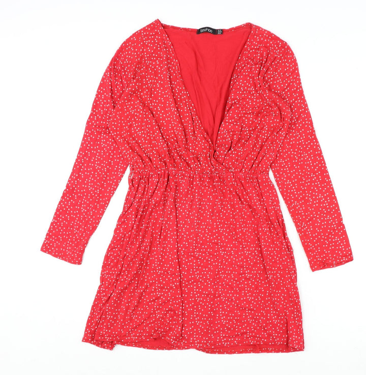 Boohoo Womens Red Geometric Polyester A-Line Size 14 V-Neck Pullover - Star Print
