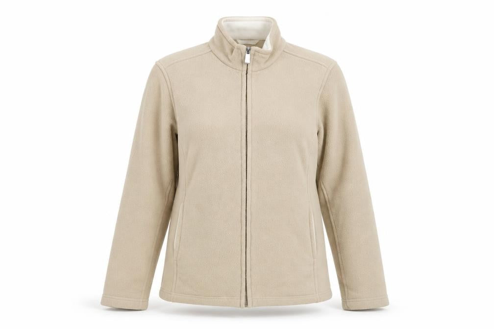Front view of Marks & Spencer women’s beige jacket, size UK 12, zip