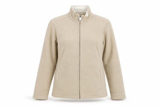 Front view of Marks & Spencer women’s beige jacket, size UK 12, zip