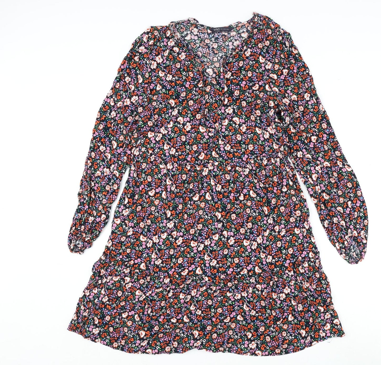 Marks and Spencer Womens Multicoloured Floral Viscose A-Line Size 10 V-Neck Tie
