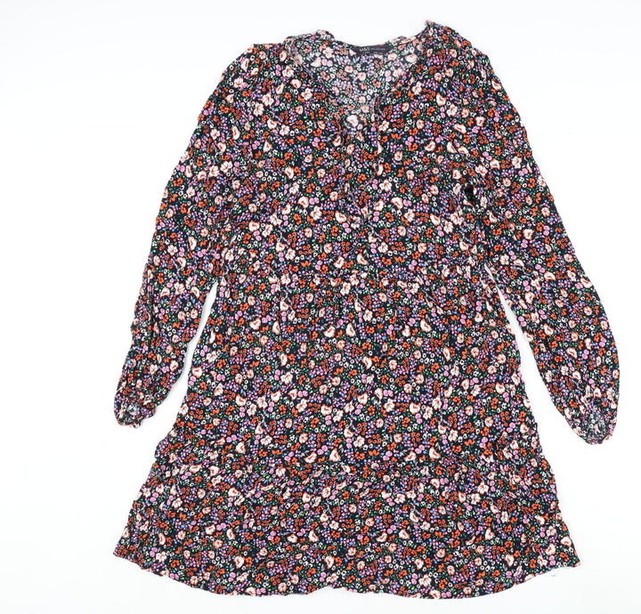 Marks and Spencer Womens Multicoloured Floral Viscose A-Line Size 10 V-Neck Tie