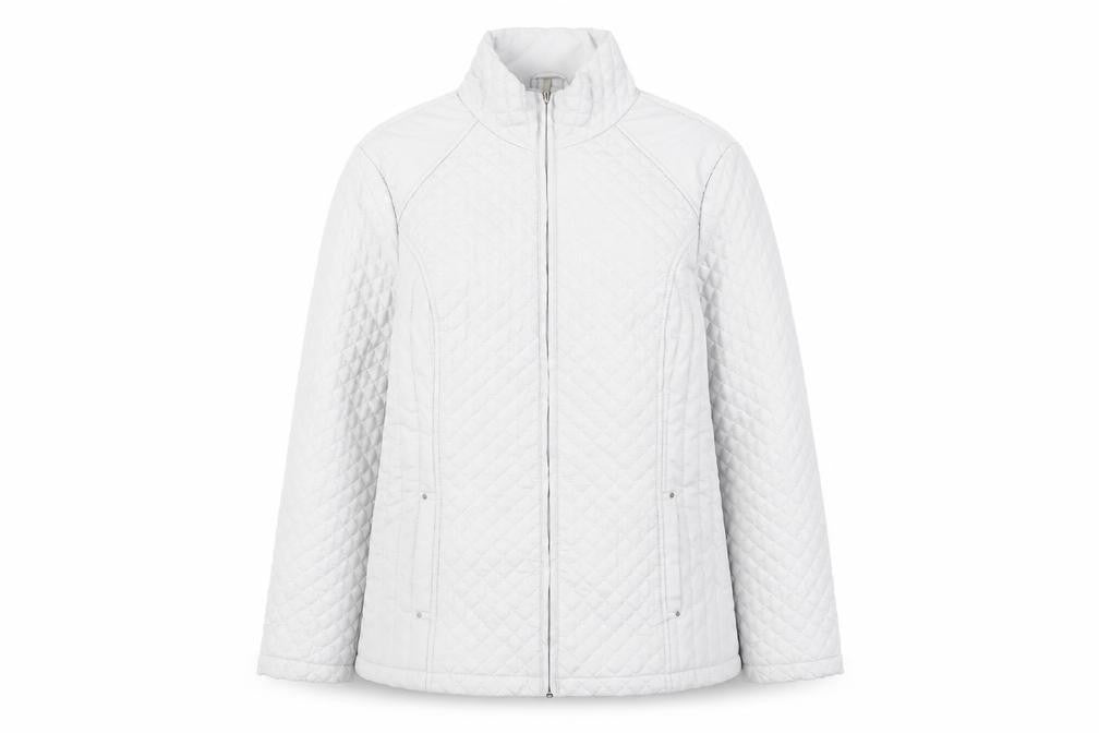 Front view of Autonomy women’s grey quilted coat, size UK 14, zip