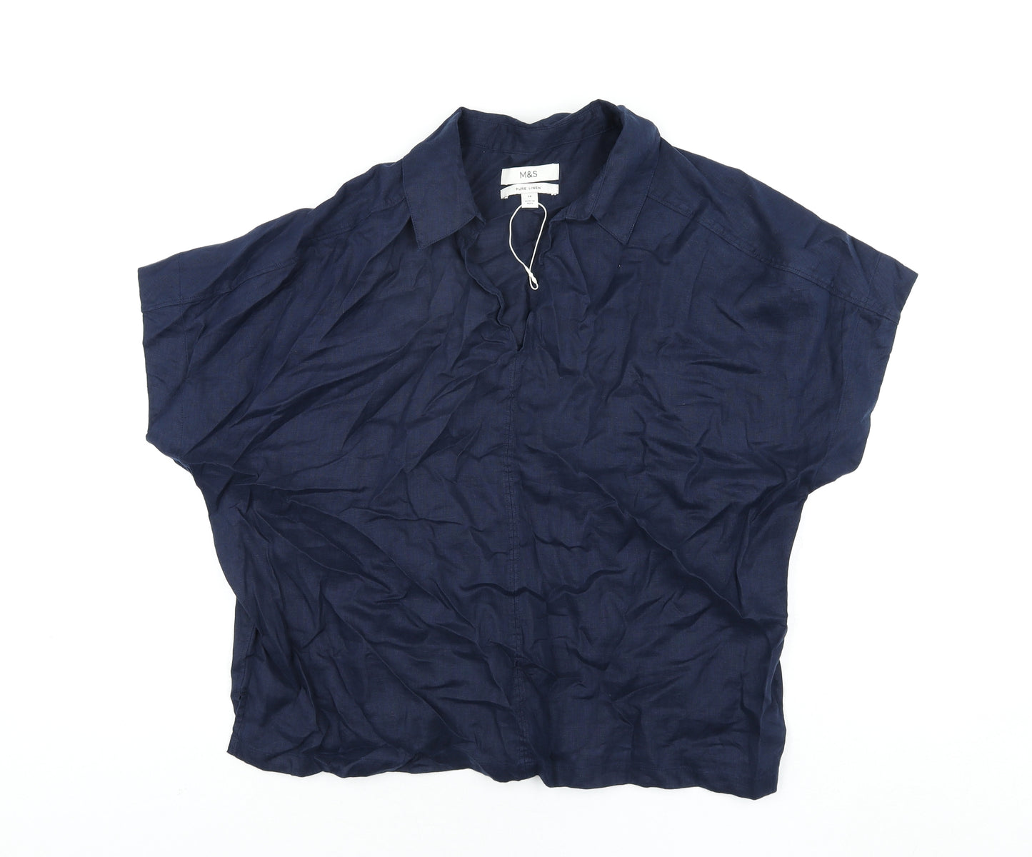 Marks and Spencer Womens Blue Linen Basic Blouse Size 16 Collared