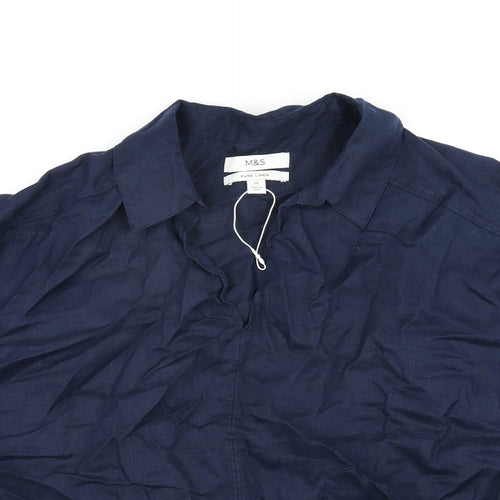 Marks and Spencer Womens Blue Linen Basic Blouse Size 16 Collared