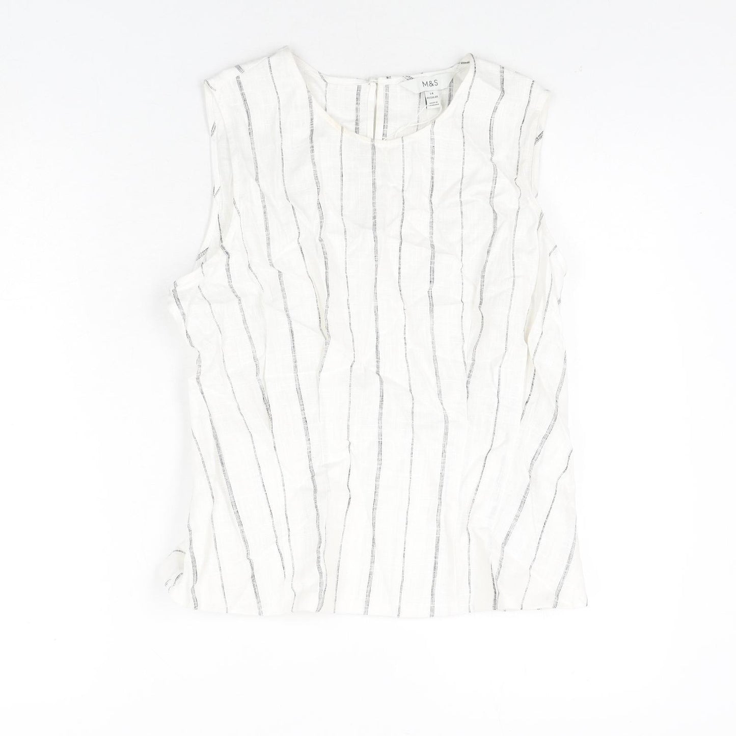Marks and Spencer Womens Ivory Striped Linen Camisole Blouse Size 14 Round Neck