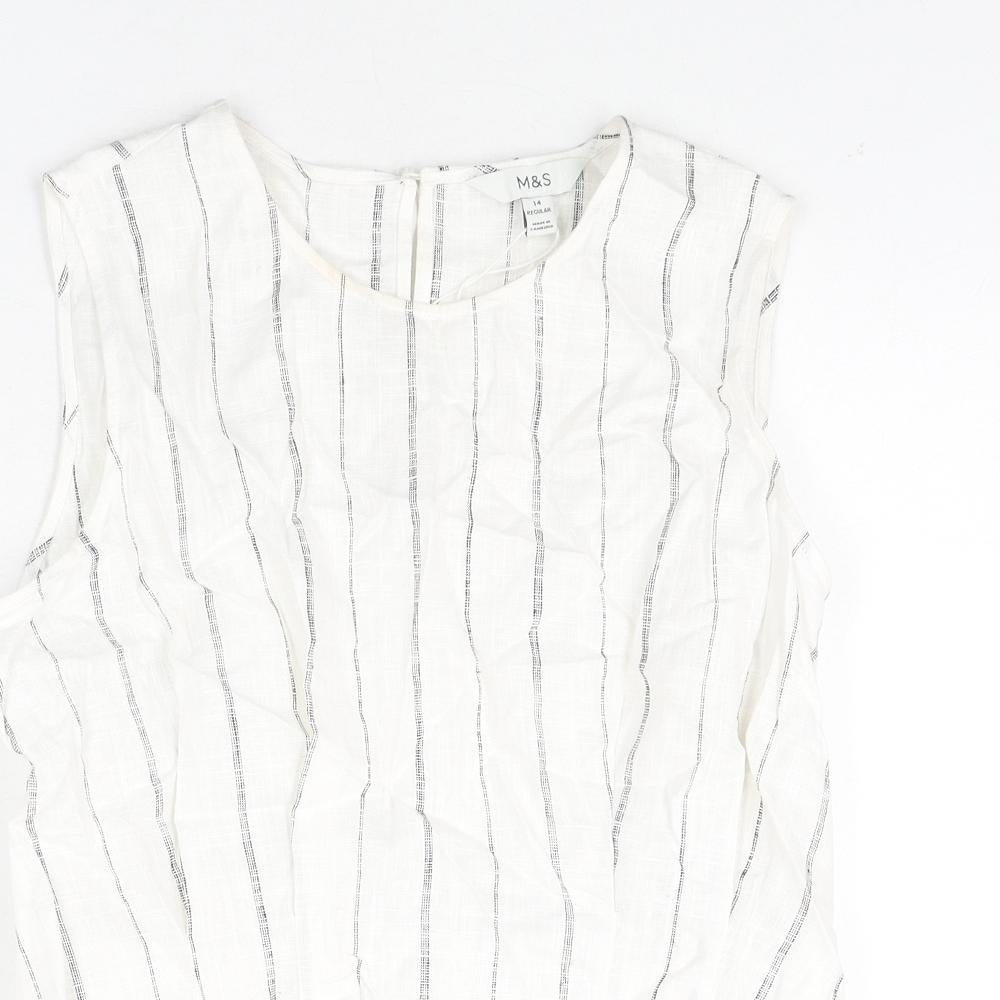 Marks and Spencer Womens Ivory Striped Linen Camisole Blouse Size 14 Round Neck