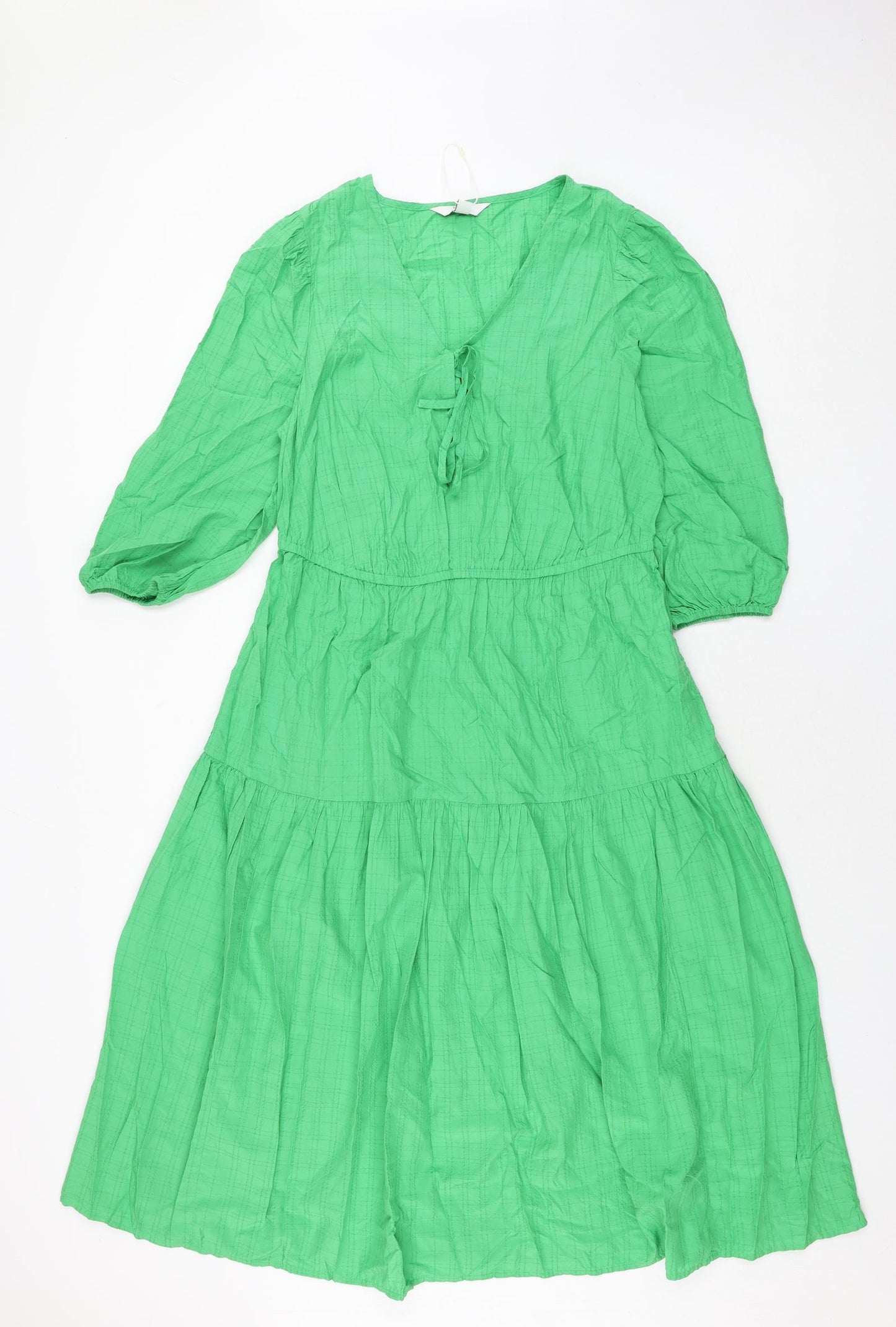 Marks and Spencer Womens Green Modal Shift Size 14 V-Neck Pullover - Bow Smocked