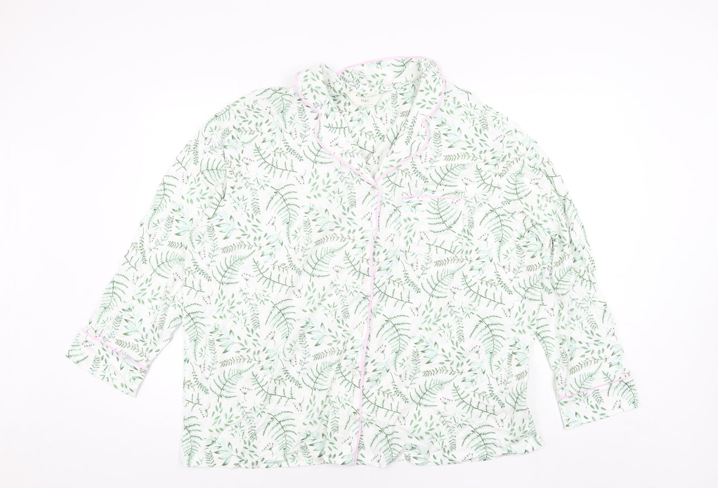 Marks and Spencer Womens Green Geometric Cotton Top Pyjama Top Size L Button - Leaf Print