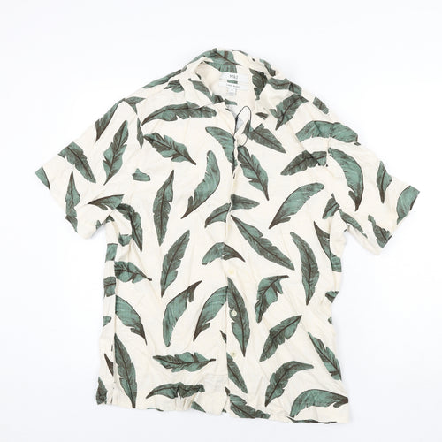 Marks and Spencer Mens Ivory Geometric Linen Button-Up Size M Collared Button - Leaf Print