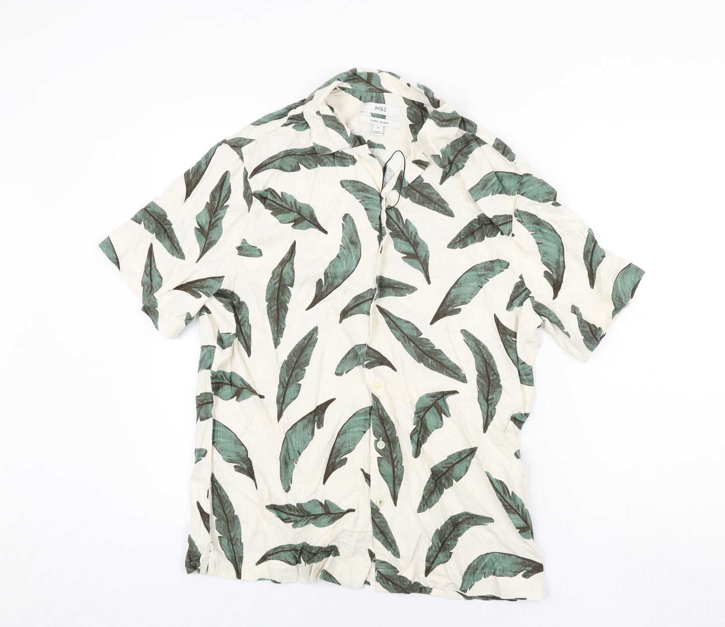 Marks and Spencer Mens Ivory Geometric Linen Button-Up Size M Collared Button - Leaf Print