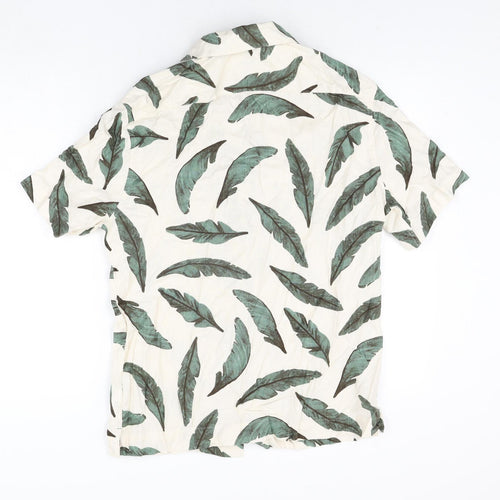 Marks and Spencer Mens Ivory Geometric Linen Button-Up Size M Collared Button - Leaf Print