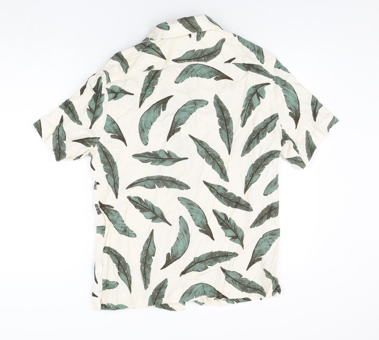 Marks and Spencer Mens Ivory Geometric Linen Button-Up Size M Collared Button - Leaf Print
