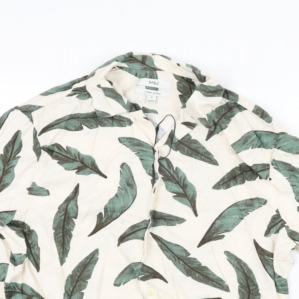 Marks and Spencer Mens Ivory Geometric Linen Button-Up Size M Collared Button - Leaf Print