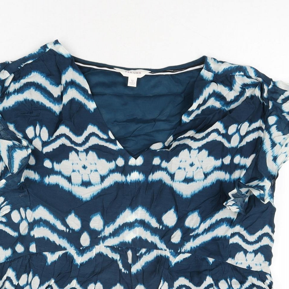 Per Una Womens Blue Geometric Cupro Basic Blouse Size 12 V-Neck - Frill