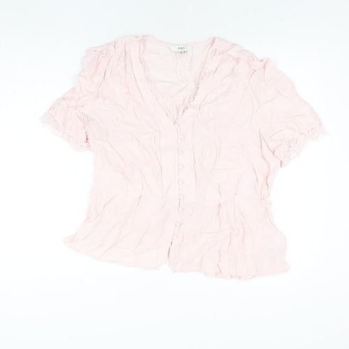 Marks and Spencer Womens Pink Viscose Basic Blouse Size 18 V-Neck - Lace Trim Peplum
