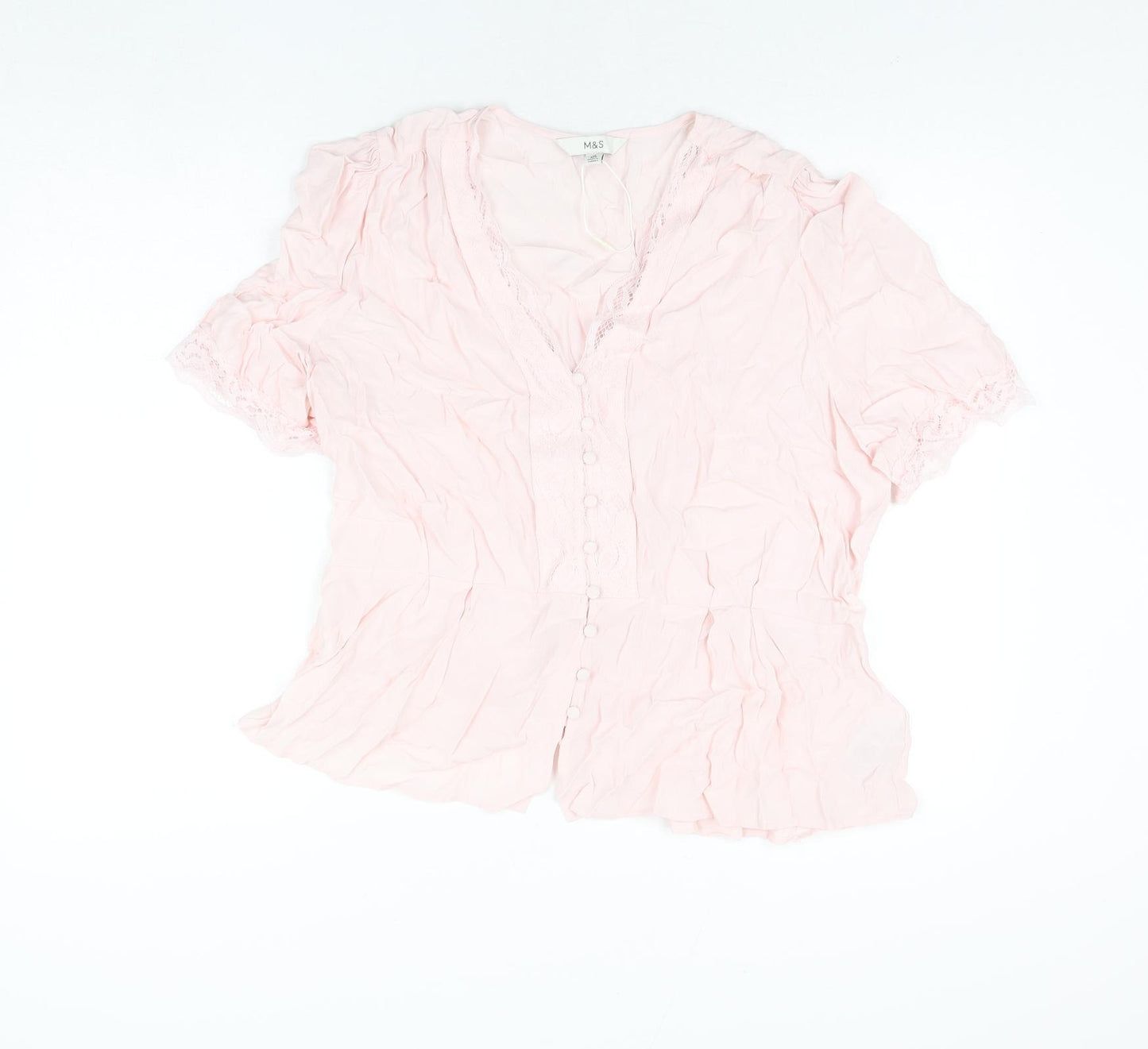 Marks and Spencer Womens Pink Viscose Basic Blouse Size 18 V-Neck - Lace Trim Peplum