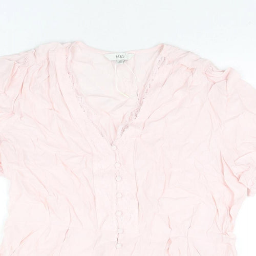 Marks and Spencer Womens Pink Viscose Basic Blouse Size 18 V-Neck - Lace Trim Peplum