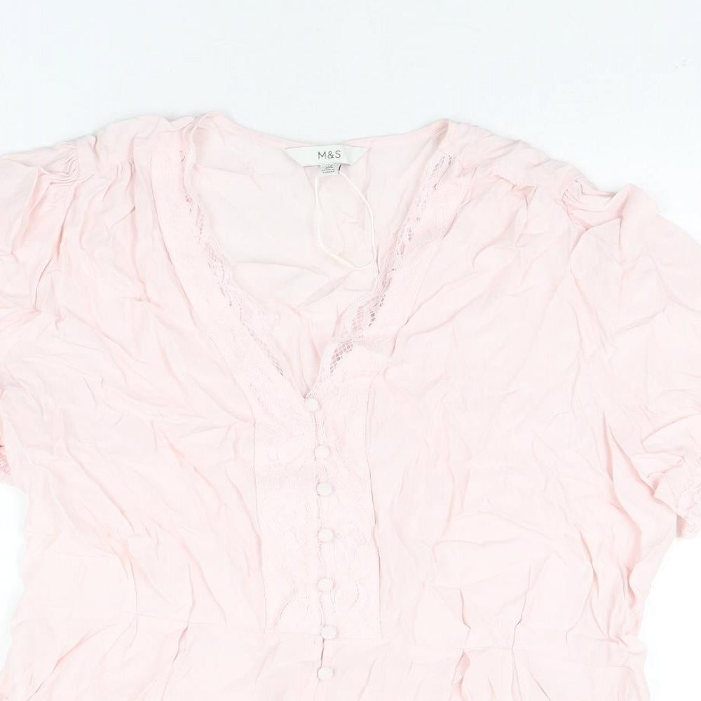 Marks and Spencer Womens Pink Viscose Basic Blouse Size 18 V-Neck - Lace Trim Peplum