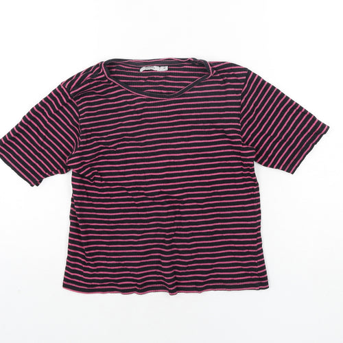 Bossini Womens Blue Striped Cotton Basic T-Shirt Size M Round Neck