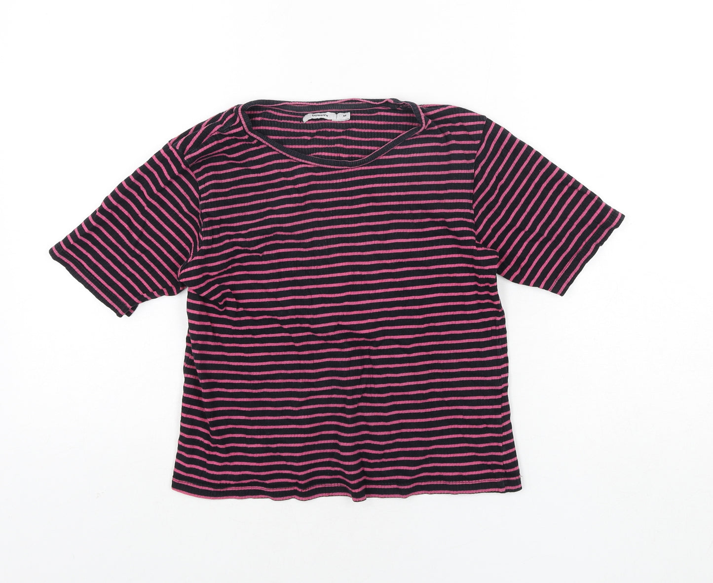 Bossini Womens Blue Striped Cotton Basic T-Shirt Size M Round Neck