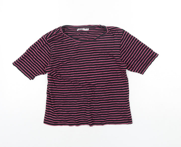 Bossini Womens Blue Striped Cotton Basic T-Shirt Size M Round Neck
