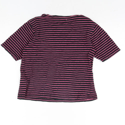 Bossini Womens Blue Striped Cotton Basic T-Shirt Size M Round Neck