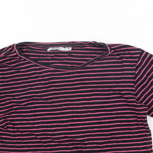 Bossini Womens Blue Striped Cotton Basic T-Shirt Size M Round Neck