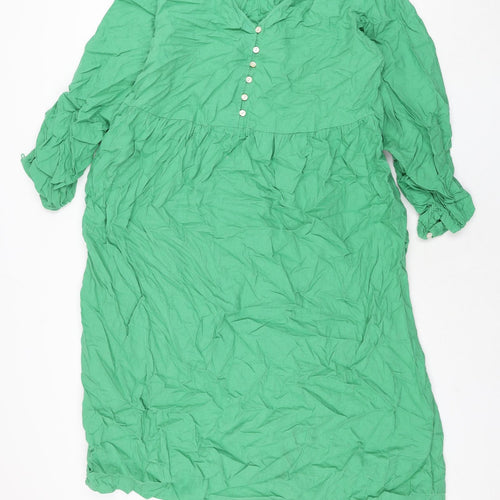 Marks and Spencer Womens Green Linen Shift Size 18 V-Neck Button - Belted
