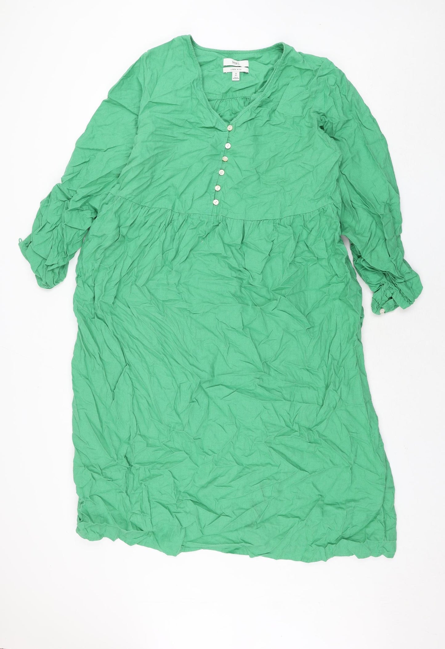 Marks and Spencer Womens Green Linen Shift Size 18 V-Neck Button - Belted