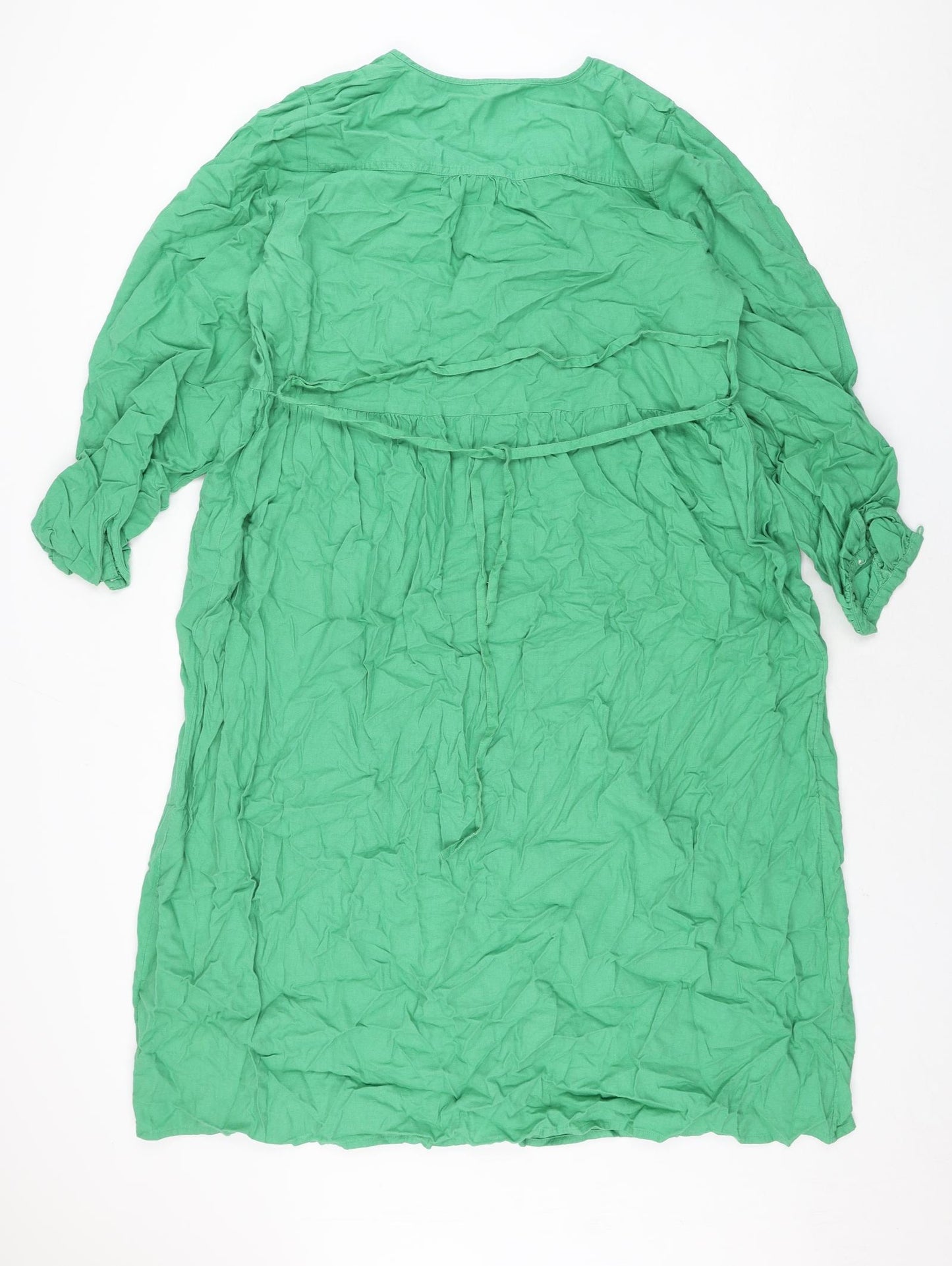 Marks and Spencer Womens Green Linen Shift Size 18 V-Neck Button - Belted