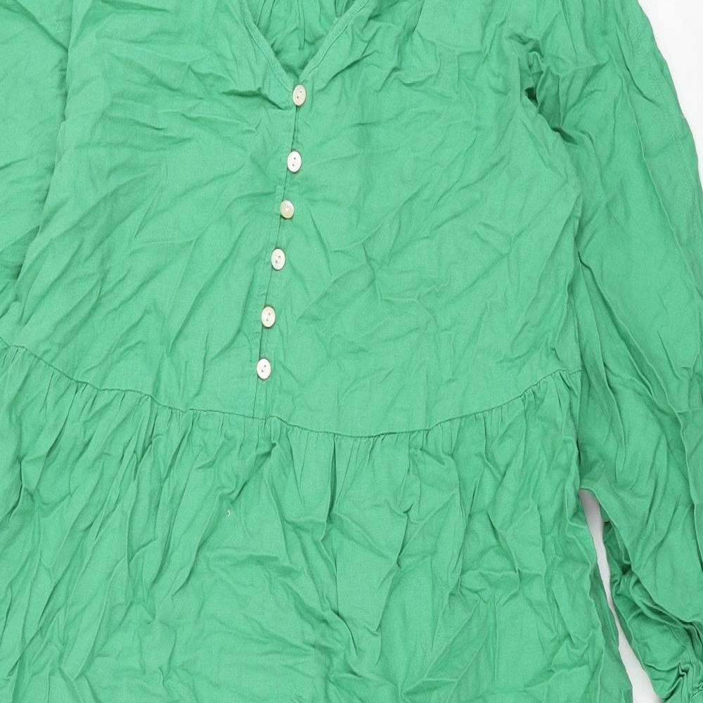 Marks and Spencer Womens Green Linen Shift Size 18 V-Neck Button - Belted