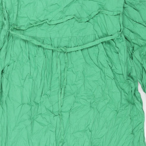 Marks and Spencer Womens Green Linen Shift Size 18 V-Neck Button - Belted