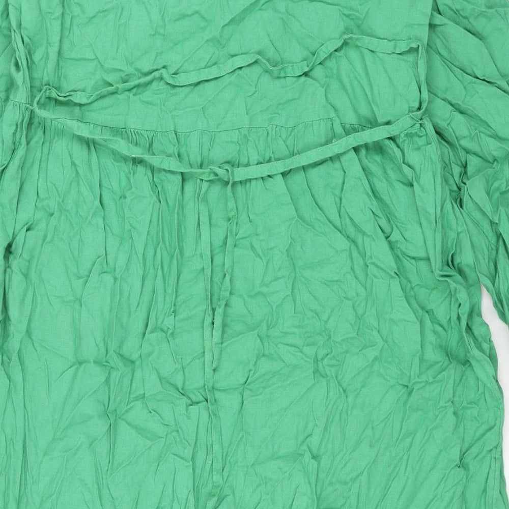 Marks and Spencer Womens Green Linen Shift Size 18 V-Neck Button - Belted