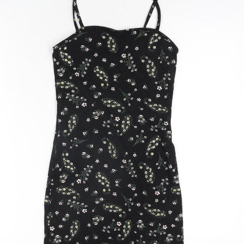 Miss Selfridge Womens Black Floral Polyester Mini Size 8 Square Neck Pullover